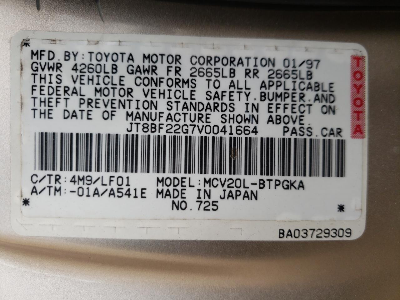 Photo 10 from auction – 1997 LEXUS ES 300 with VIN JT8BF22G7V0041664