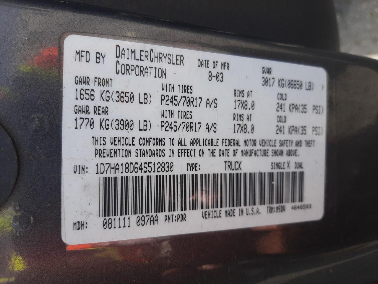 Photo 10 from auction – 2004 DODGE RAM 1500 S with VIN 1D7HA18D64S512830