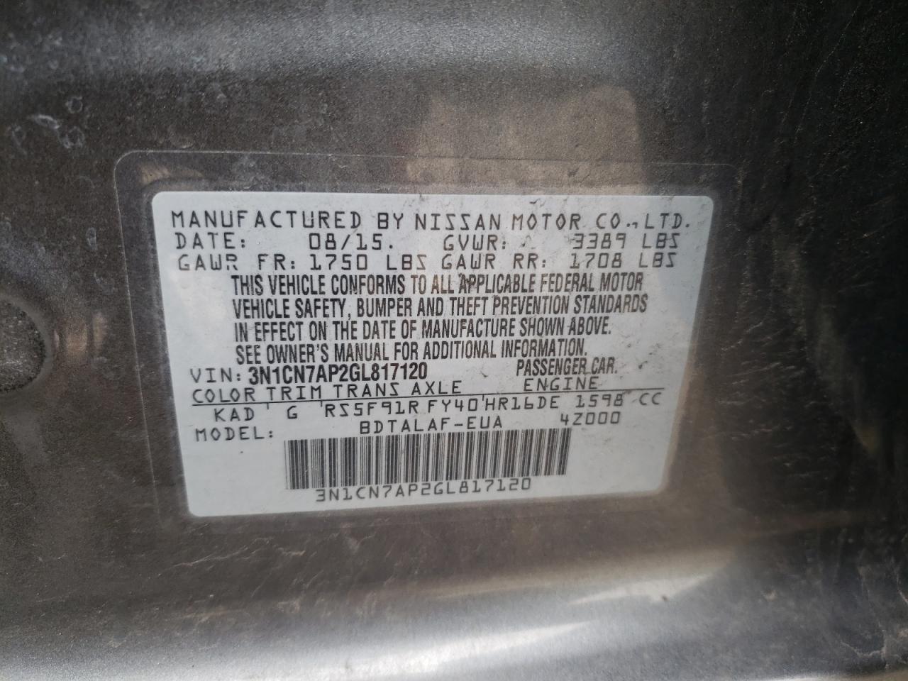 Photo 10 from auction – 2016 NISSAN VERSA S with VIN 3N1CN7AP2GL817120
