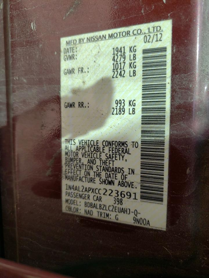 Photo 10 from auction – 2012 NISSAN ALTIMA BAS with VIN 1N4AL2APXCC223691