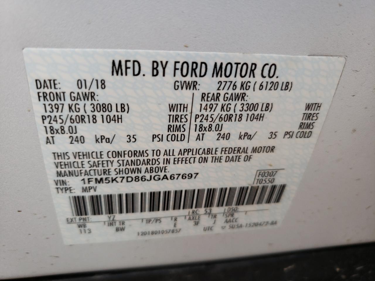 Photo 10 from auction – 2018 FORD EXPLORER X with VIN 1FM5K7D86JGA67697