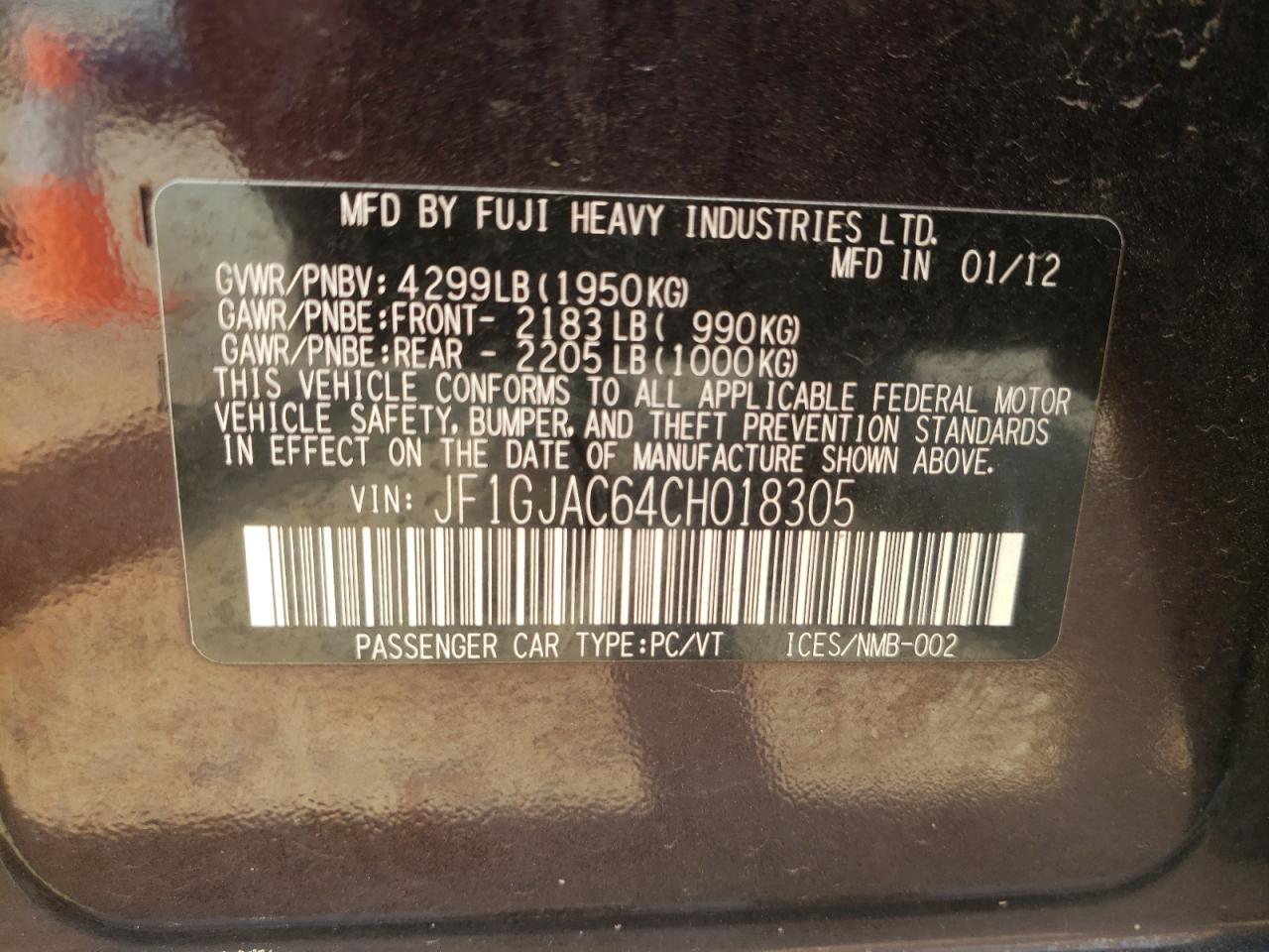 Photo 10 from auction – 2012 SUBARU IMPREZA PR with VIN JF1GJAC64CH018305