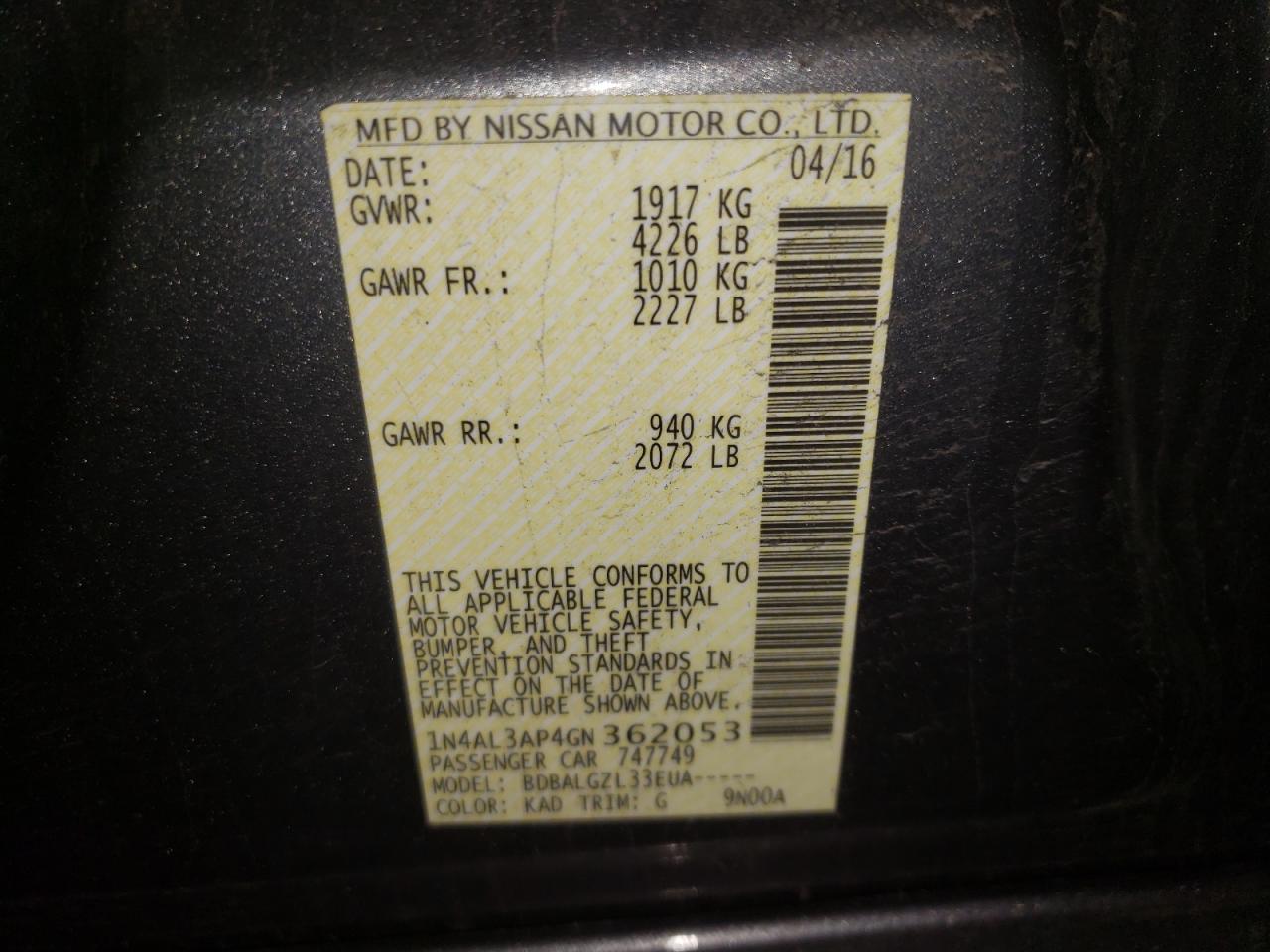 Photo 10 from auction – 2016 NISSAN ALTIMA 2.5 with VIN 1N4AL3AP4GN362053