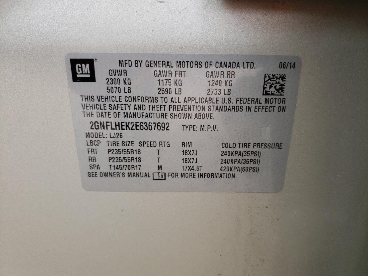 Photo 10 from auction – 2014 CHEVROLET EQUINOX LT with VIN 2GNFLHEK2E6367692