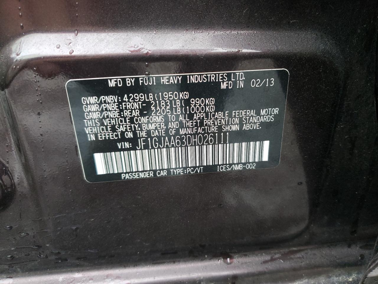Photo 10 from auction – 2013 SUBARU IMPREZA with VIN JF1GJAA63DH026111