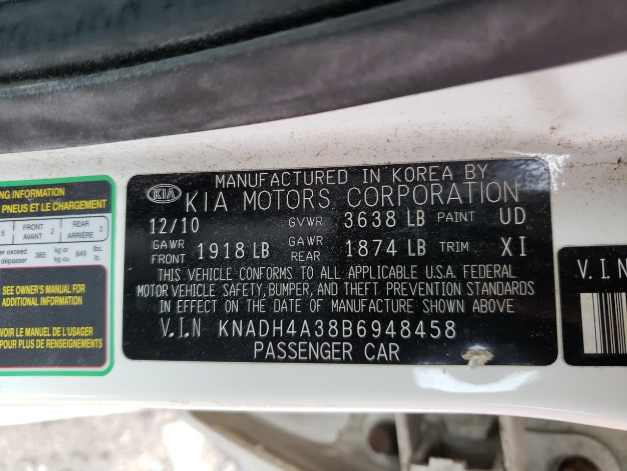 Photo 10 from auction – 2011 KIA RIO BASE with VIN KNADH4A38B6948458
