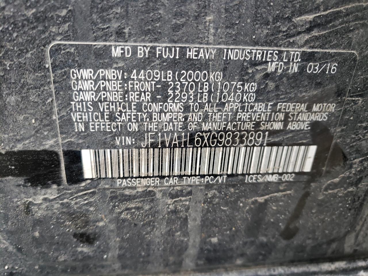 Photo 10 from auction – 2016 SUBARU WRX PREMIU with VIN JF1VA1L6XG9833891