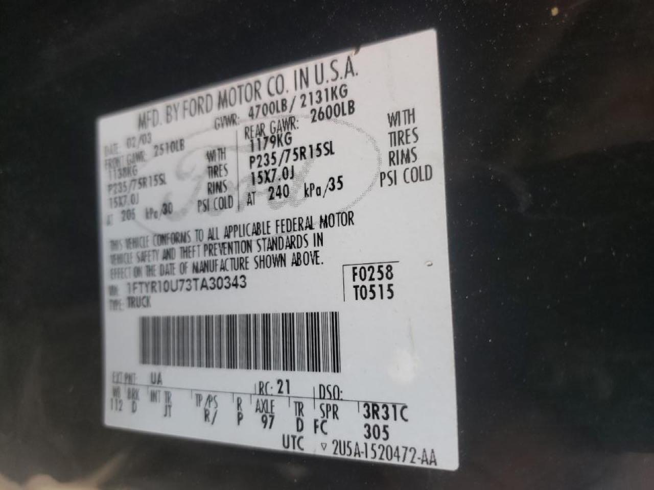 Photo 10 from auction – 2003 FORD RANGER with VIN 1FTYR10U73TA30343