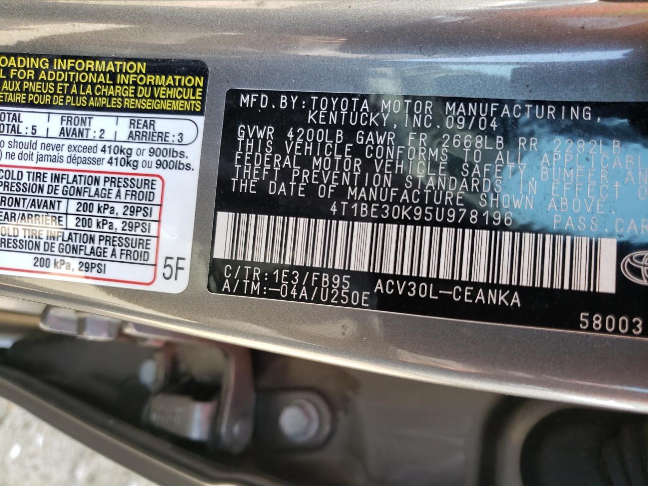 Photo 10 from auction – 2005 TOYOTA CAMRY LE with VIN 4T1BE30K95U978196