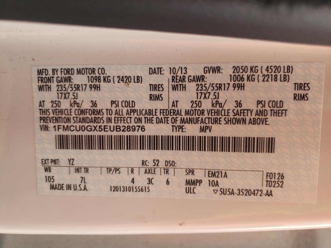 Photo 10 from auction – 2014 FORD ESCAPE SE with VIN 1FMCU0GX5EUB28976