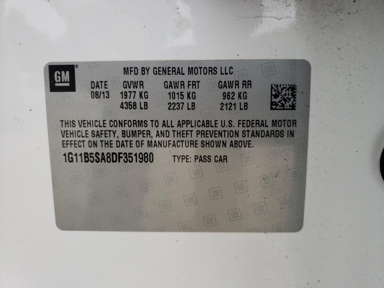 Photo 10 from auction – 2013 CHEVROLET MALIBU LS with VIN 1G11B5SA8DF351980