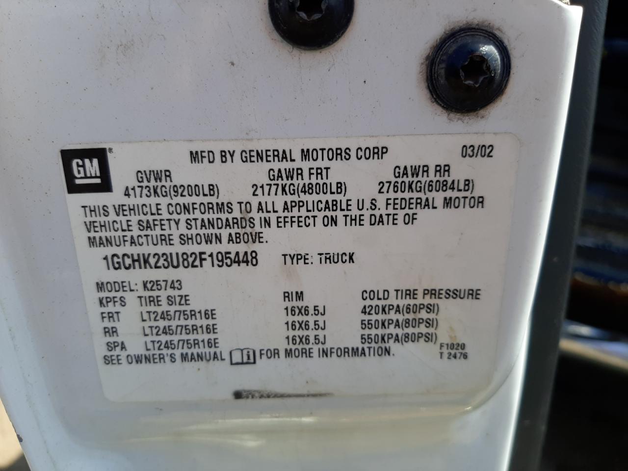 Photo 10 from auction – 2002 CHEVROLET SILVERADO with VIN 1GCHK23U82F195448