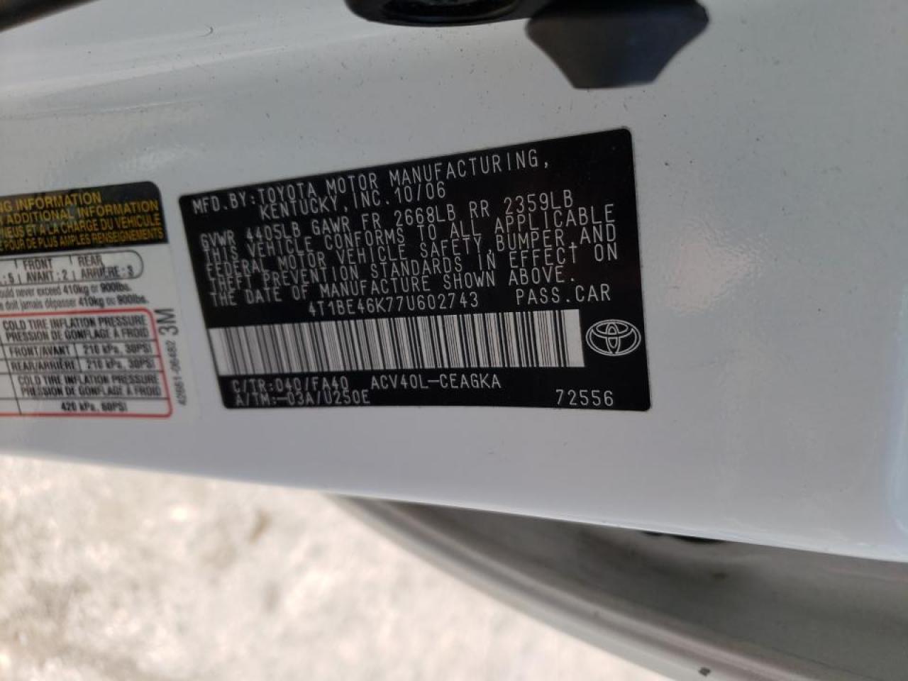 Photo 10 from auction – 2007 TOYOTA CAMRY CE with VIN 4T1BE46K77U602743