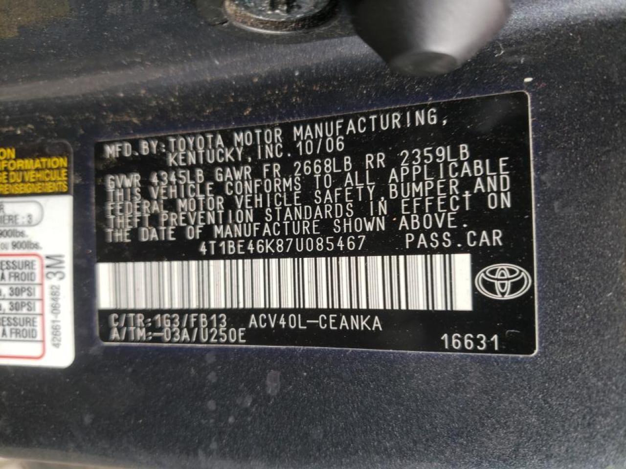Photo 10 from auction – 2007 TOYOTA CAMRY LE with VIN 4T1BE46K87U085467