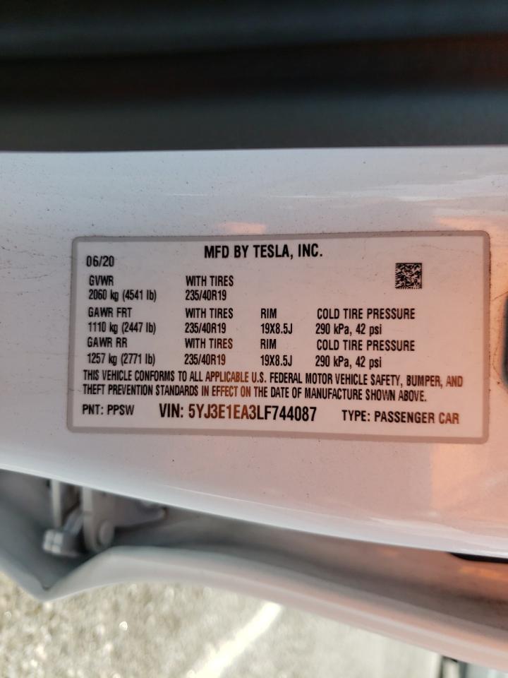 Photo 10 from auction – 2020 TESLA MODEL 3 with VIN 5YJ3E1EA3LF744087