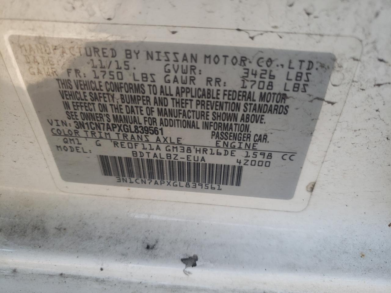 Photo 10 from auction – 2016 NISSAN VERSA S with VIN 3N1CN7APXGL839561