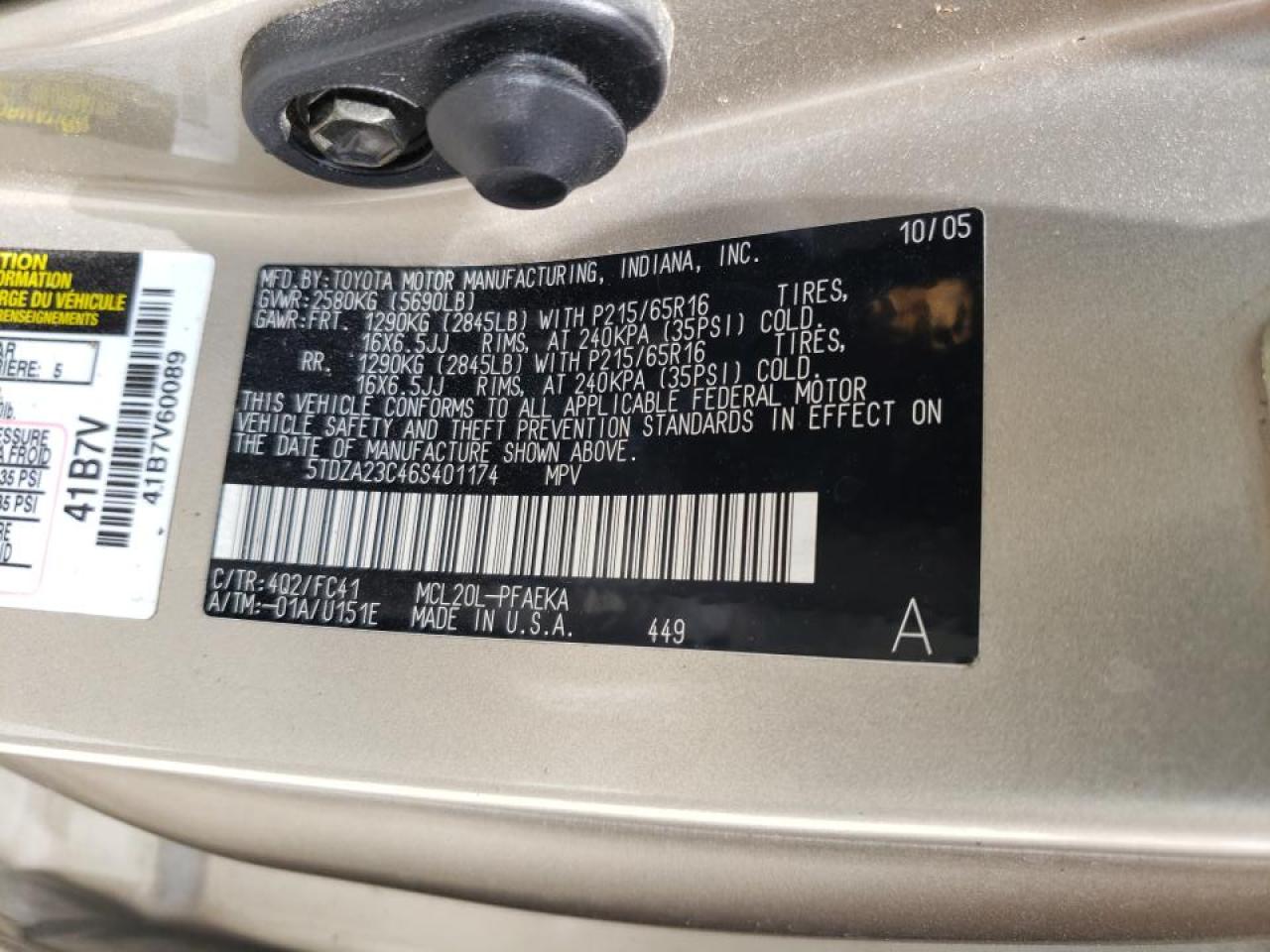 Photo 10 from auction – 2006 TOYOTA SIENNA CE with VIN 5TDZA23C46S401174
