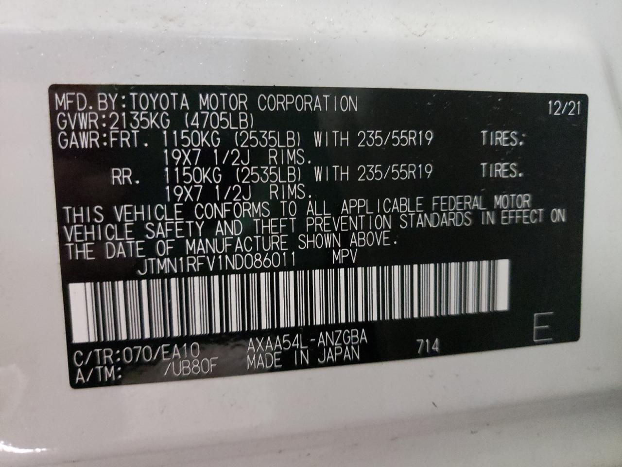 Photo 10 from auction – 2022 TOYOTA RAV4 LTD with VIN JTMN1RFV1ND086011