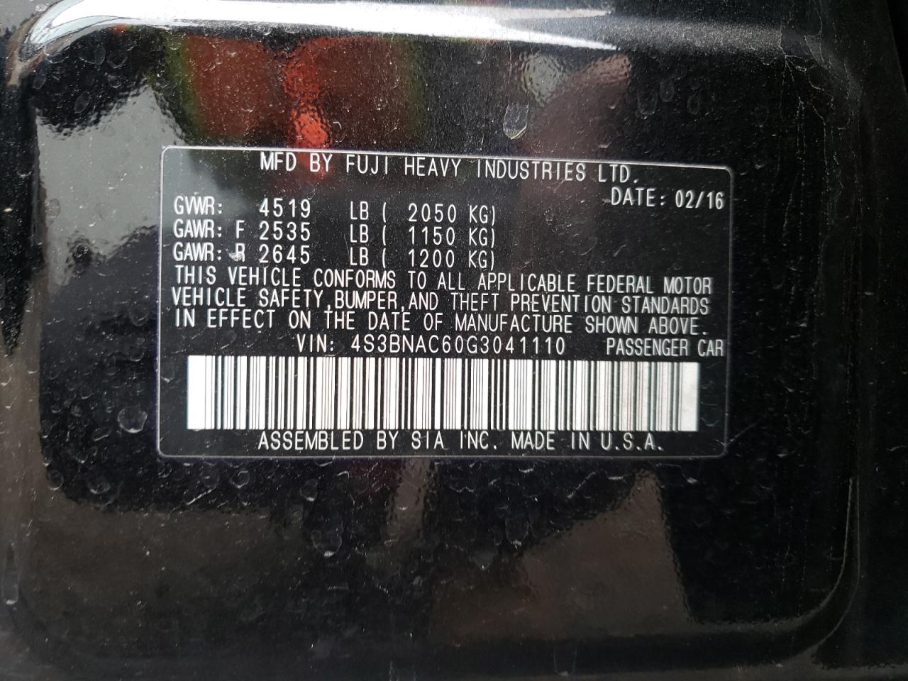 Photo 10 from auction – 2016 SUBARU LEGACY 2.5 with VIN 4S3BNAC60G3041110