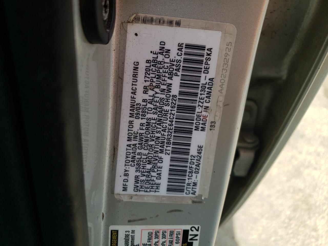 Photo 10 from auction – 2004 TOYOTA COROLLA CE with VIN 2T1BR32E64C216228