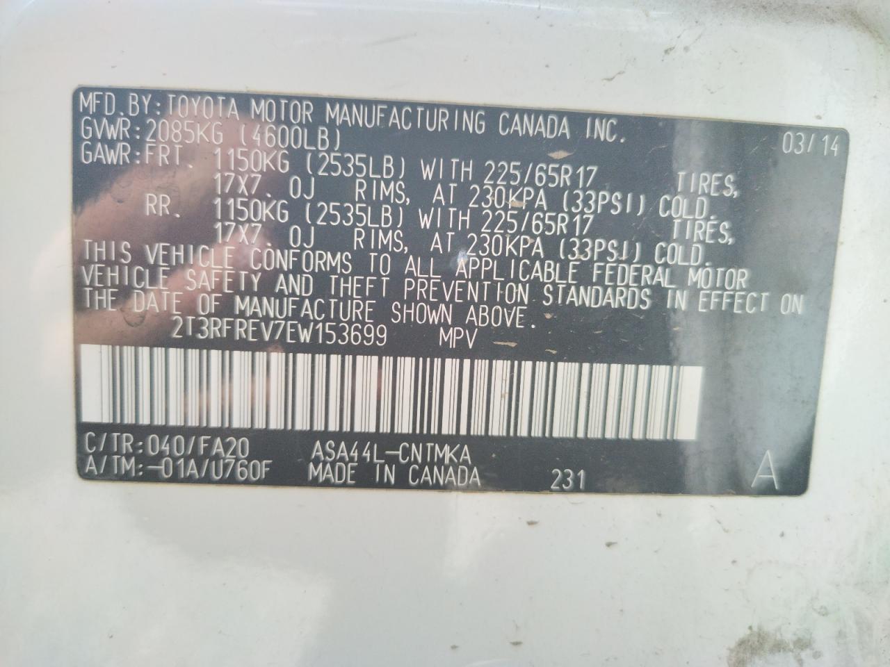 Photo 10 from auction – 2014 TOYOTA RAV4 XLE with VIN 2T3RFREV7EW153699