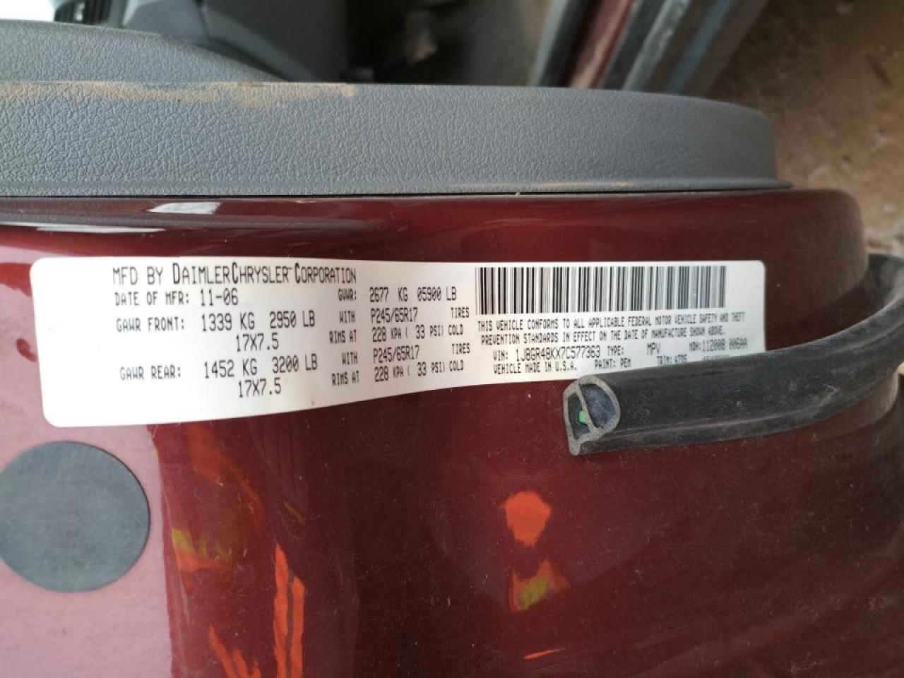 Photo 10 from auction – 2007 JEEP GRAND CHER with VIN 1J8GR48KX7C577363