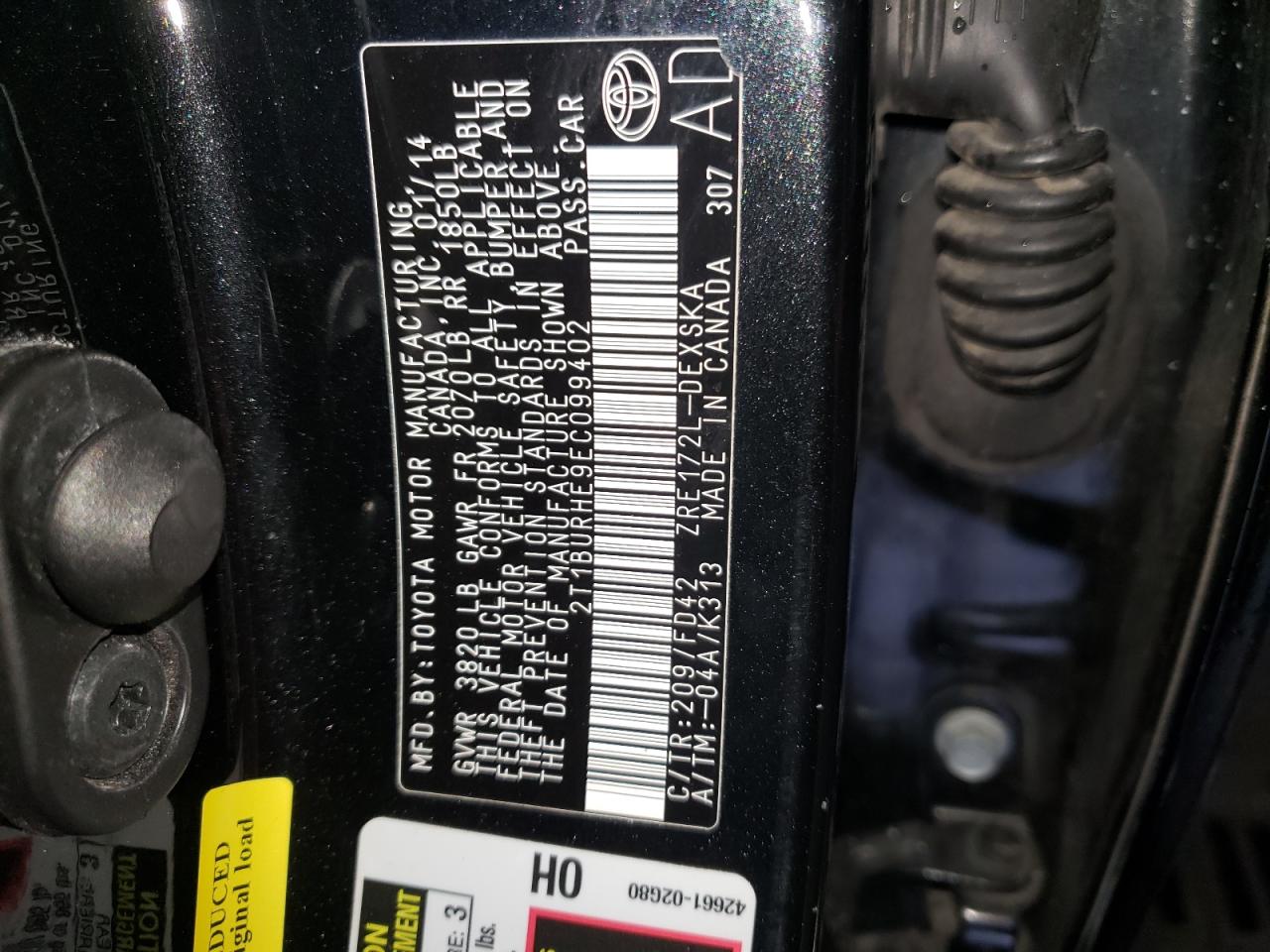 Photo 10 from auction – 2014 TOYOTA COROLLA L with VIN 2T1BURHE9EC099402