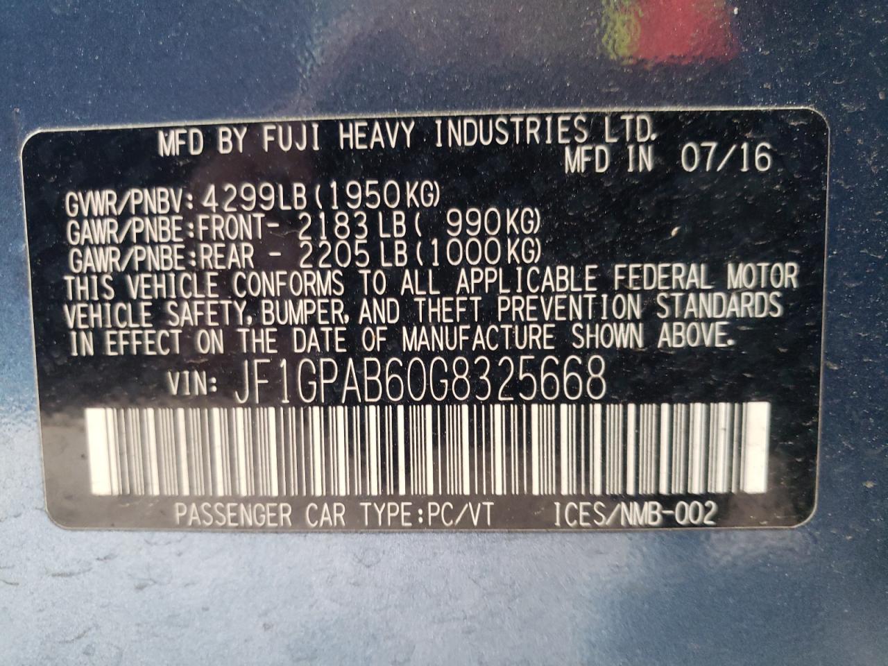 Photo 10 from auction – 2016 SUBARU IMPREZA PR with VIN JF1GPAB60G8325668