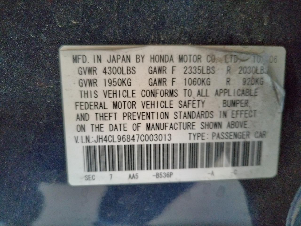 Photo 10 from auction – 2007 ACURA TSX with VIN JH4CL96847C003013