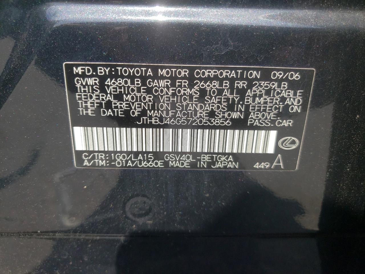 Photo 10 from auction – 2007 LEXUS ES 350 with VIN JTHBJ46G572053856