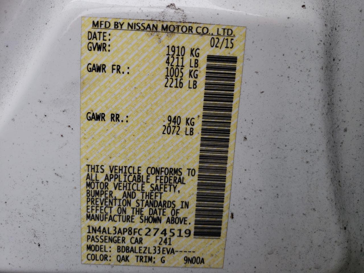 Photo 20 from auction – 2015 NISSAN ALTIMA 2.5 with VIN 1N4AL3AP8FC274519