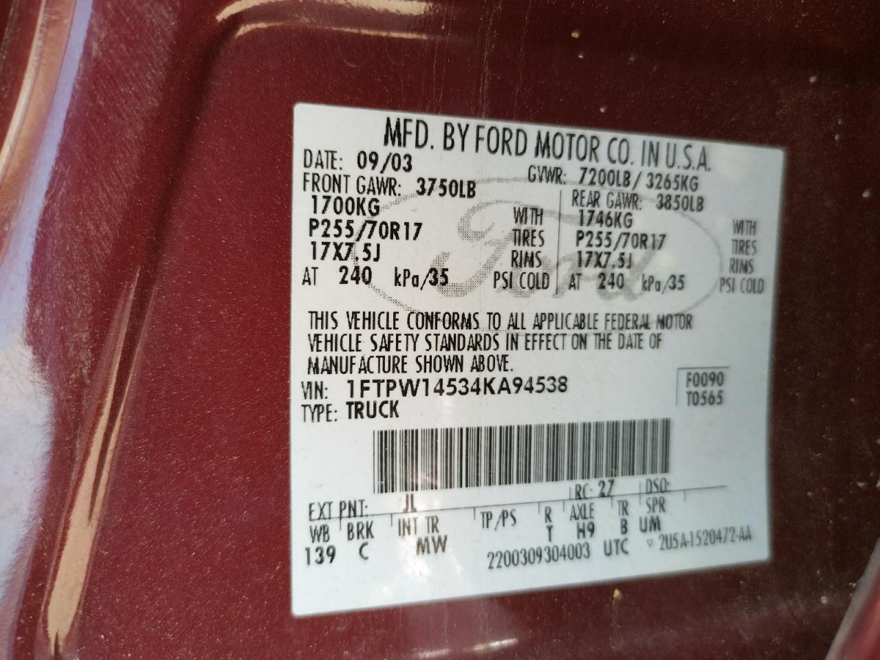 Photo 10 from auction – 2004 FORD F150 SUPER with VIN 1FTPW14534KA94538