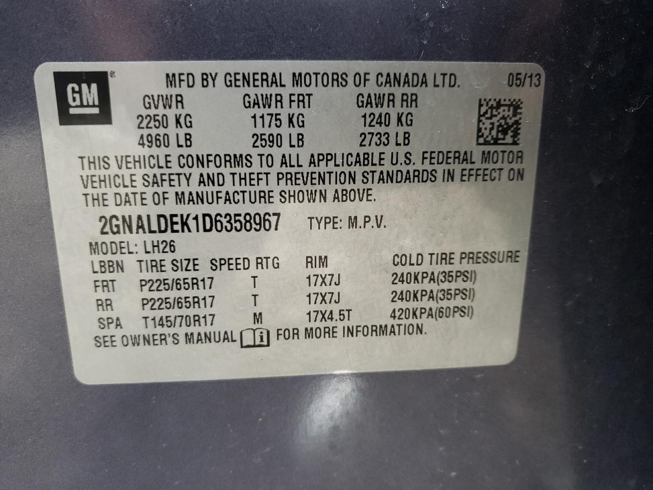 Photo 10 from auction – 2013 CHEVROLET EQUINOX LT with VIN 2GNALDEK1D6358967