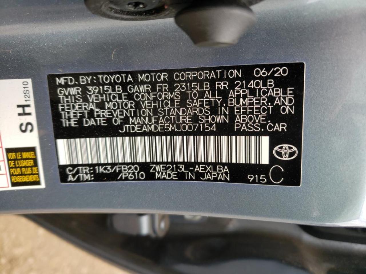 Photo 10 from auction – 2021 TOYOTA COROLLA LE with VIN JTDEAMDE5MJ007154