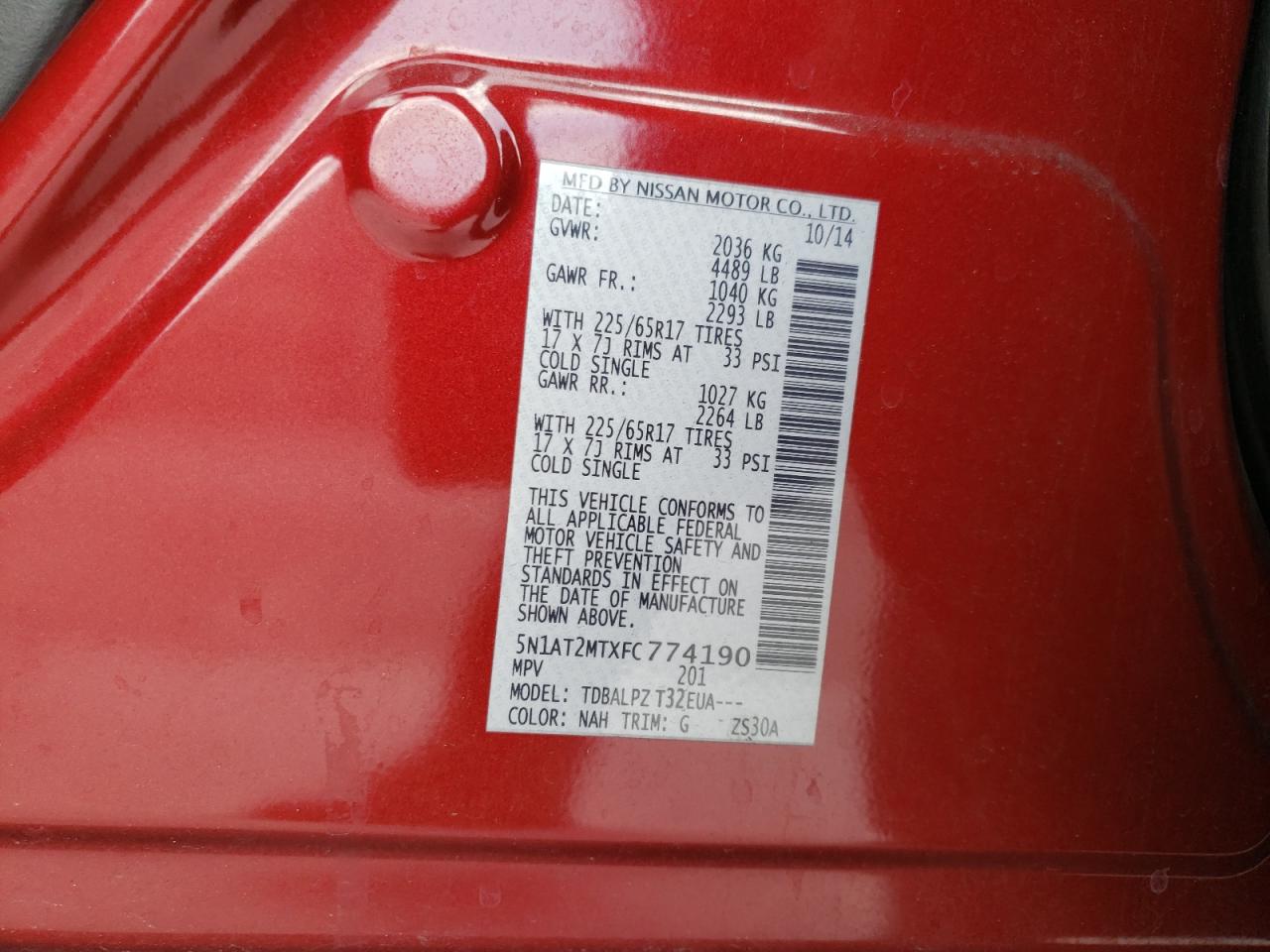 Photo 10 from auction – 2015 NISSAN ROGUE S with VIN 5N1AT2MTXFC774190