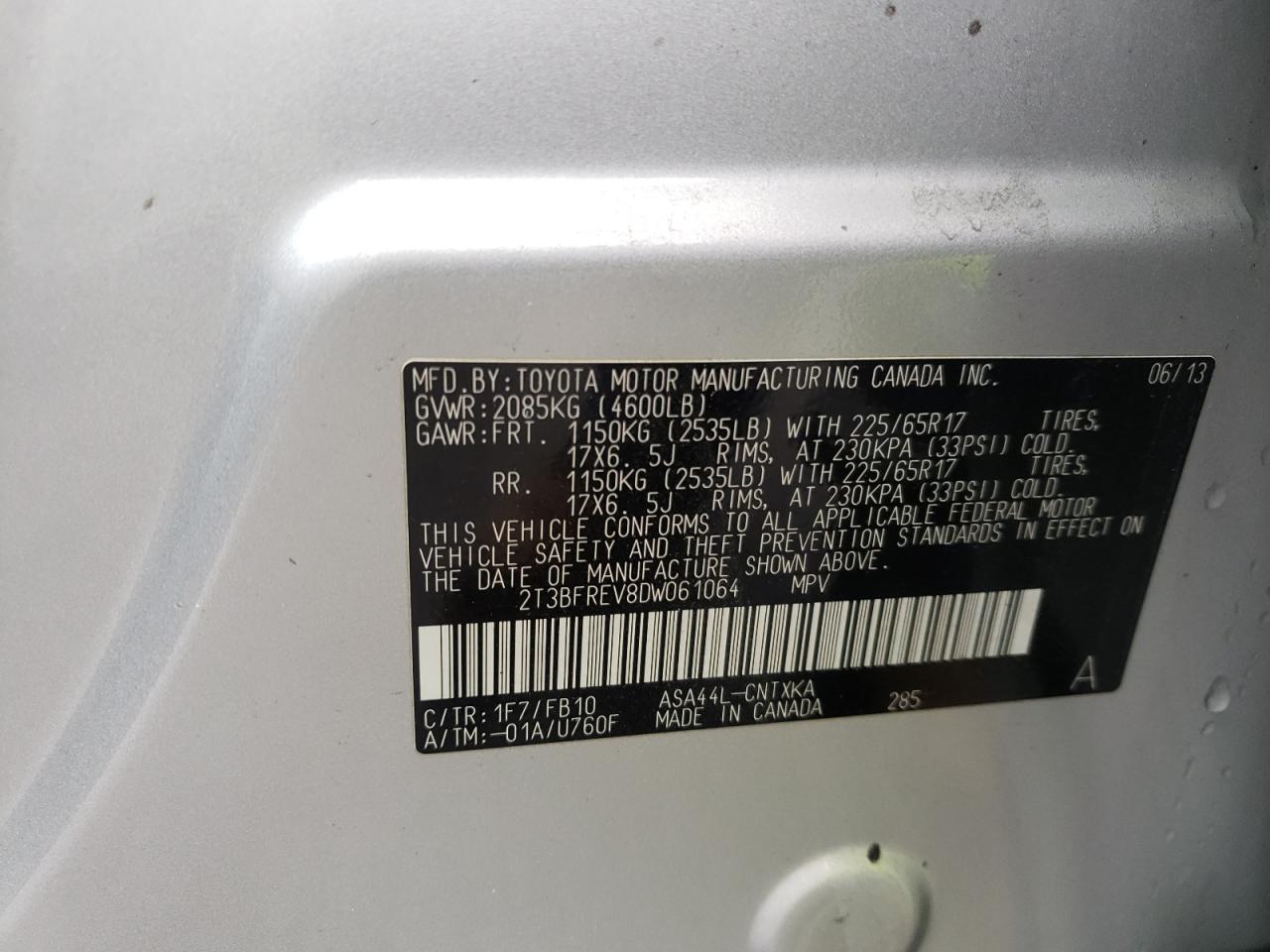 Photo 10 from auction – 2013 TOYOTA RAV4 LE with VIN 2T3BFREV8DW061064