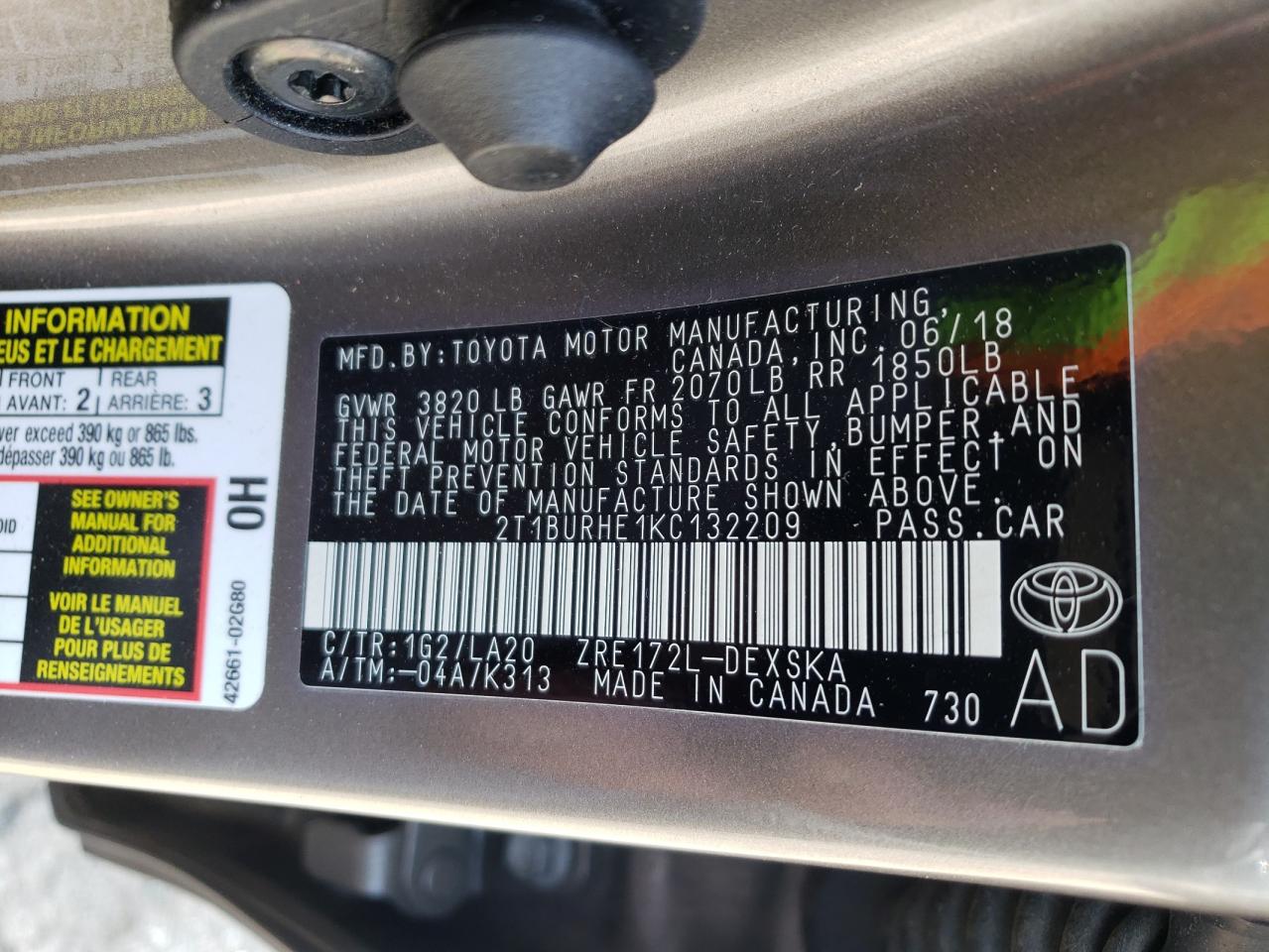 Photo 10 from auction – 2019 TOYOTA COROLLA L with VIN 2T1BURHE1KC132209