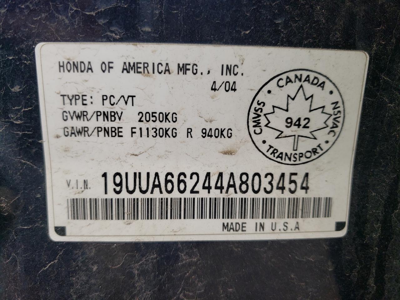 Photo 10 from auction – 2004 ACURA TL with VIN 19UUA66244A803454