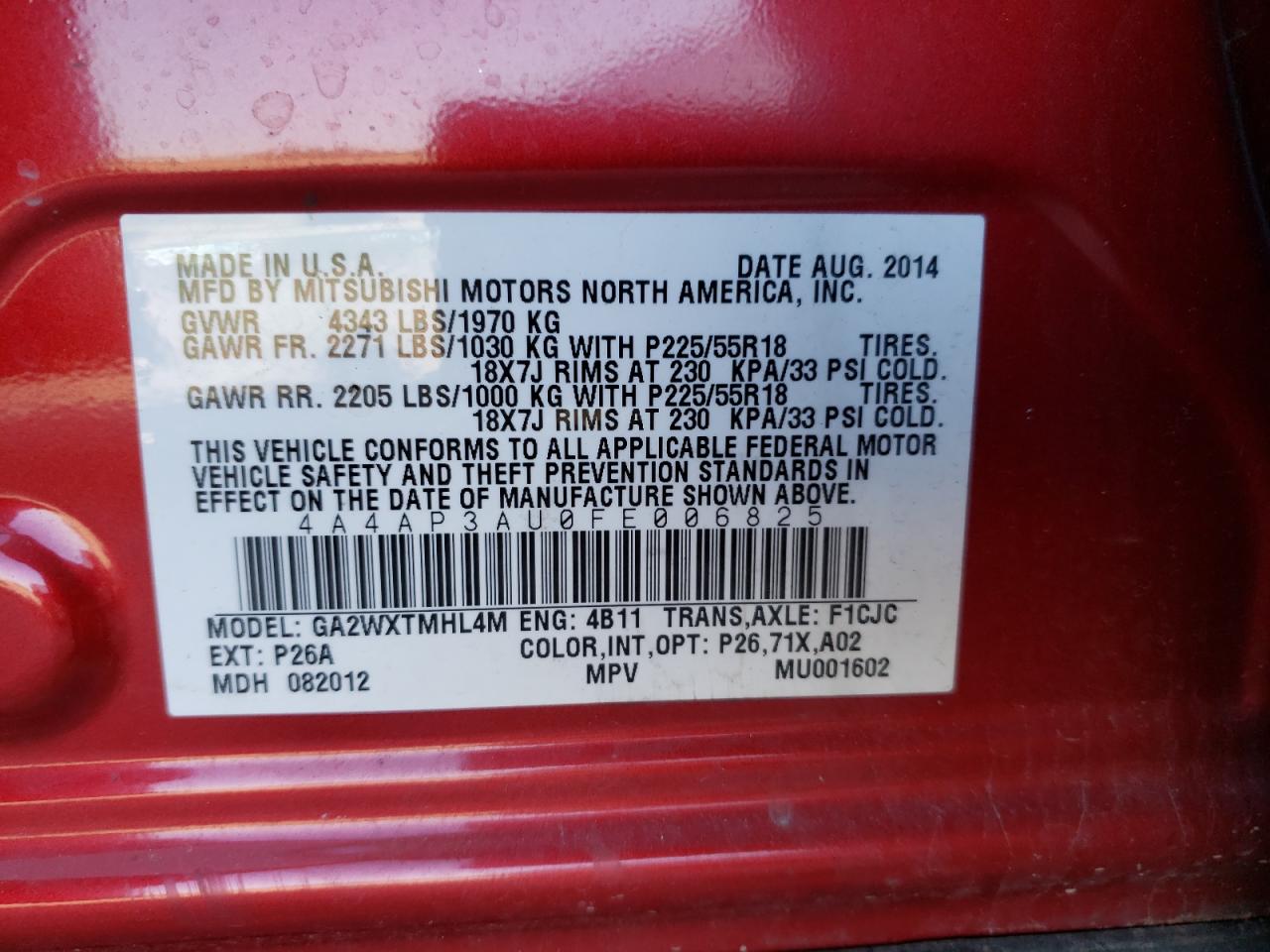 Photo 10 from auction – 2015 MITSUBISHI OUTLANDER with VIN 4A4AP3AU0FE006825