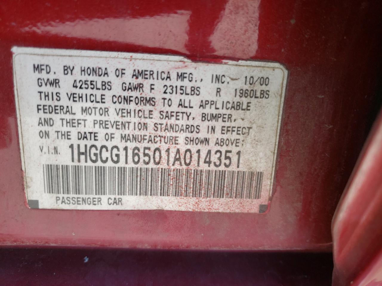 Photo 10 from auction – 2001 HONDA ACCORD EX with VIN 1HGCG16501A014351