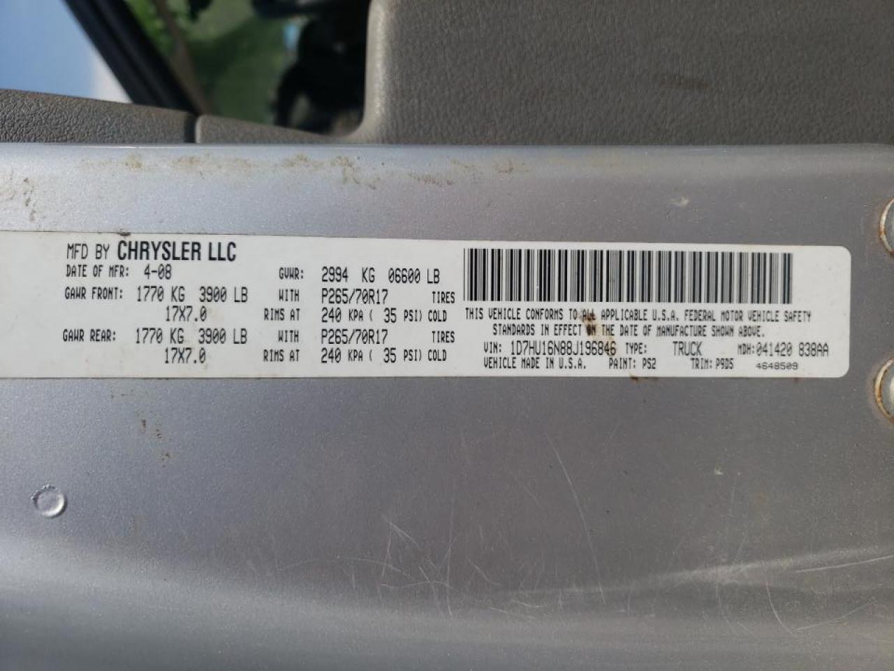 Photo 10 from auction – 2008 DODGE RAM 1500 S with VIN 1D7HU16N88J196846
