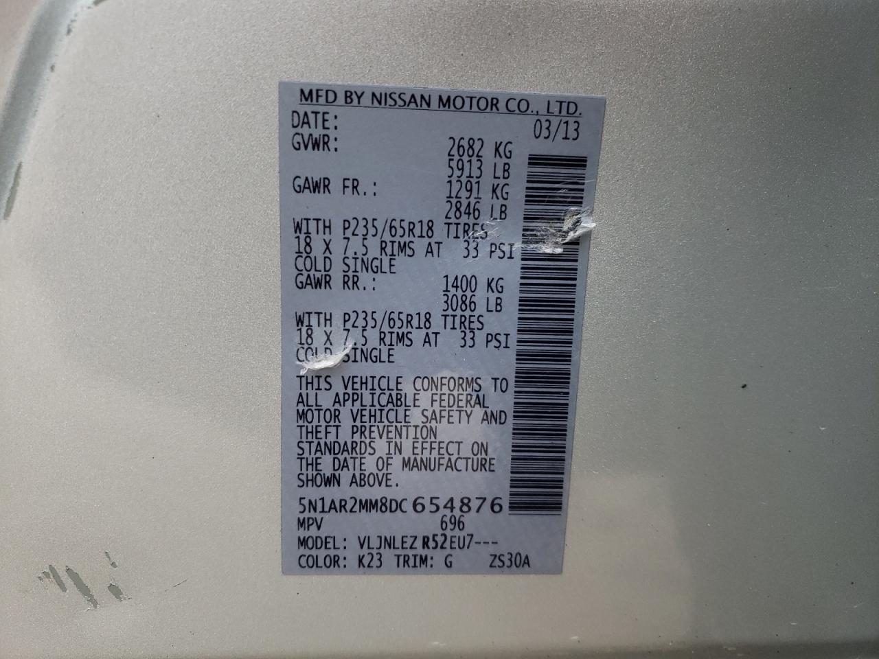 Photo 10 from auction – 2013 NISSAN PATHFINDER with VIN 5N1AR2MM8DC654876