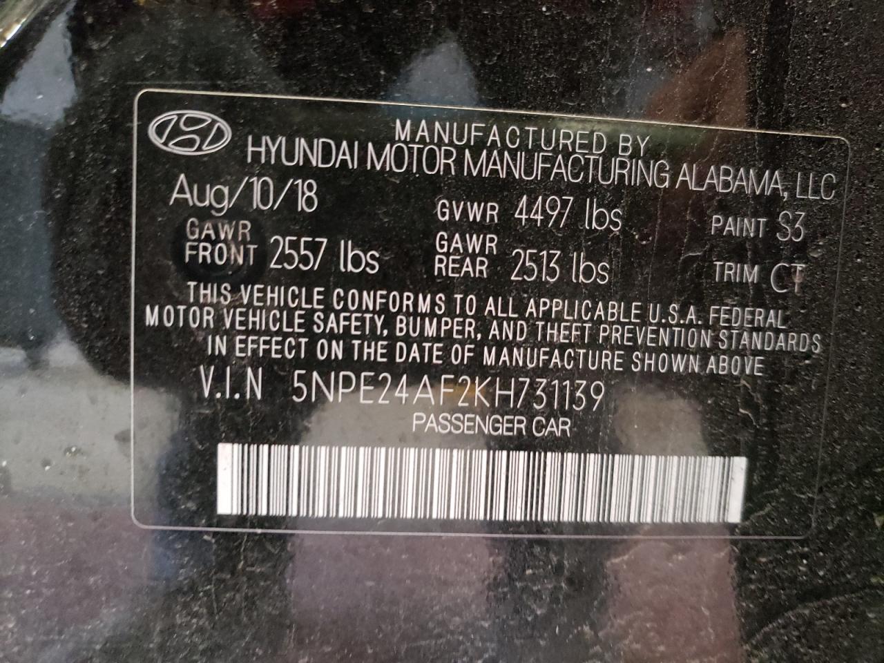 Photo 10 from auction – 2019 HYUNDAI SONATA SE with VIN 5NPE24AF2KH731139