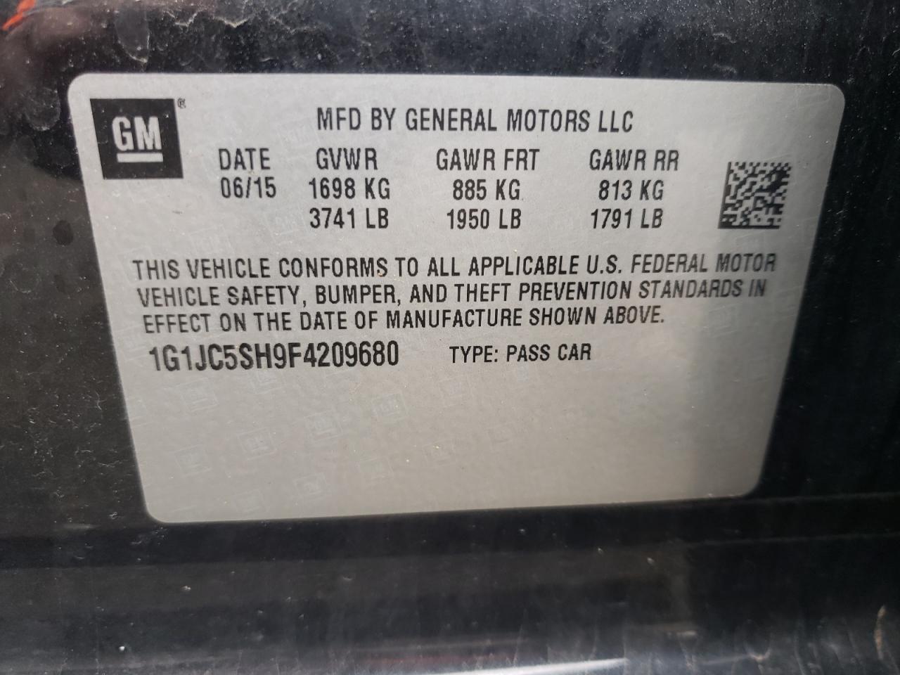 Photo 10 from auction – 2015 CHEVROLET SONIC LT with VIN 1G1JC5SH9F4209680