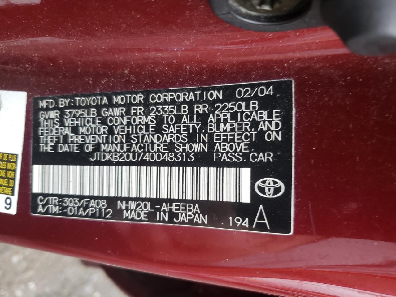 Photo 10 from auction – 2004 TOYOTA PRIUS with VIN JTDKB20U740048313