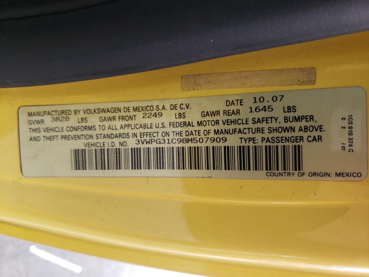 Photo 10 from auction – 2008 VOLKSWAGEN NEW BEETLE with VIN 3VWPG31C98M507909
