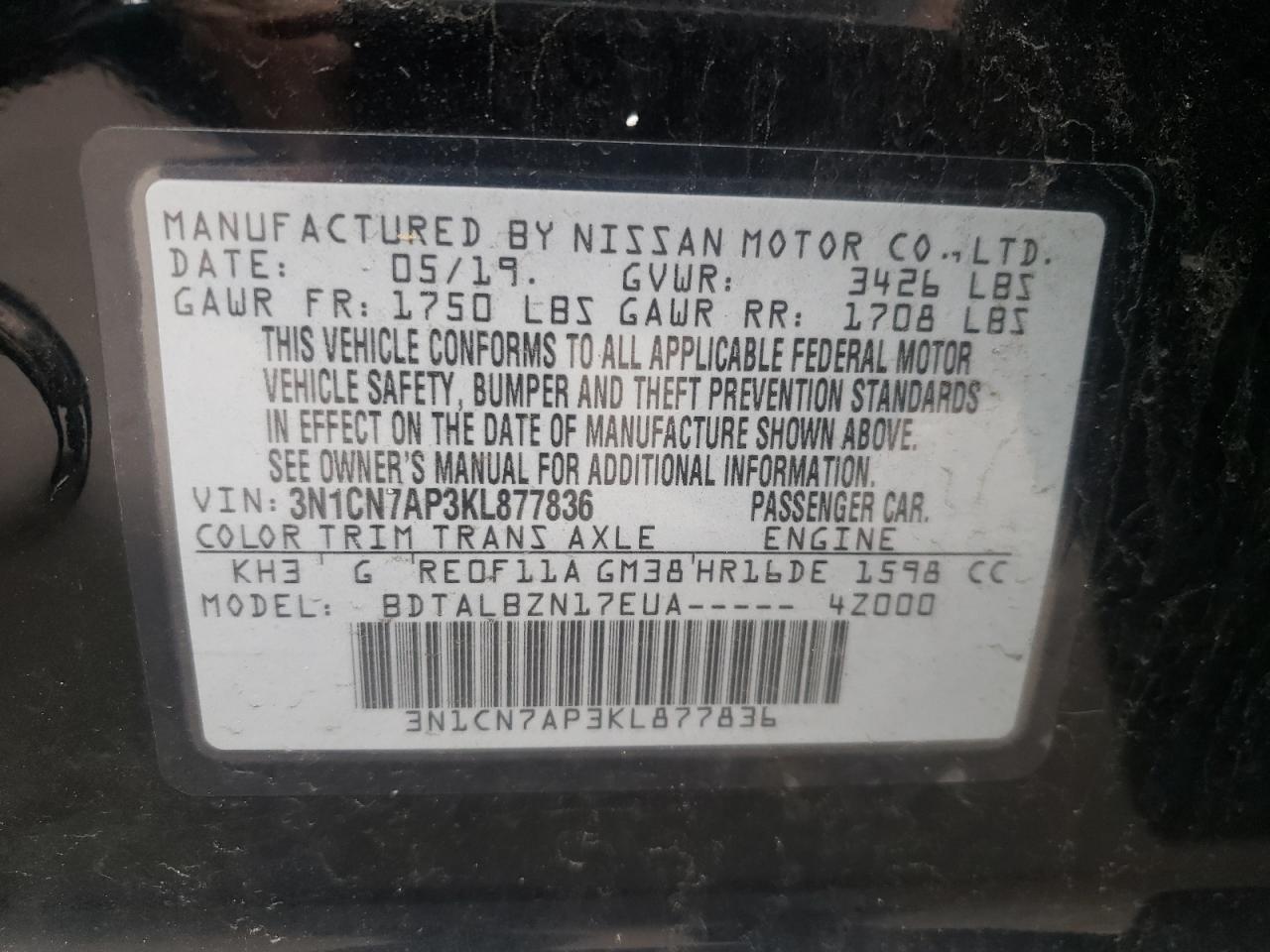 Photo 10 from auction – 2019 NISSAN VERSA S with VIN 3N1CN7AP3KL877836