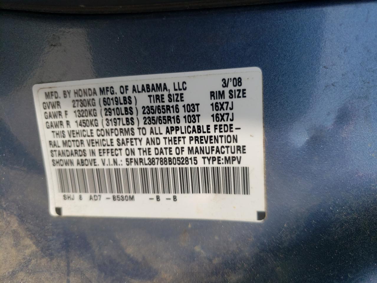 Photo 10 from auction – 2008 HONDA ODYSSEY EX with VIN 5FNRL38788B052815