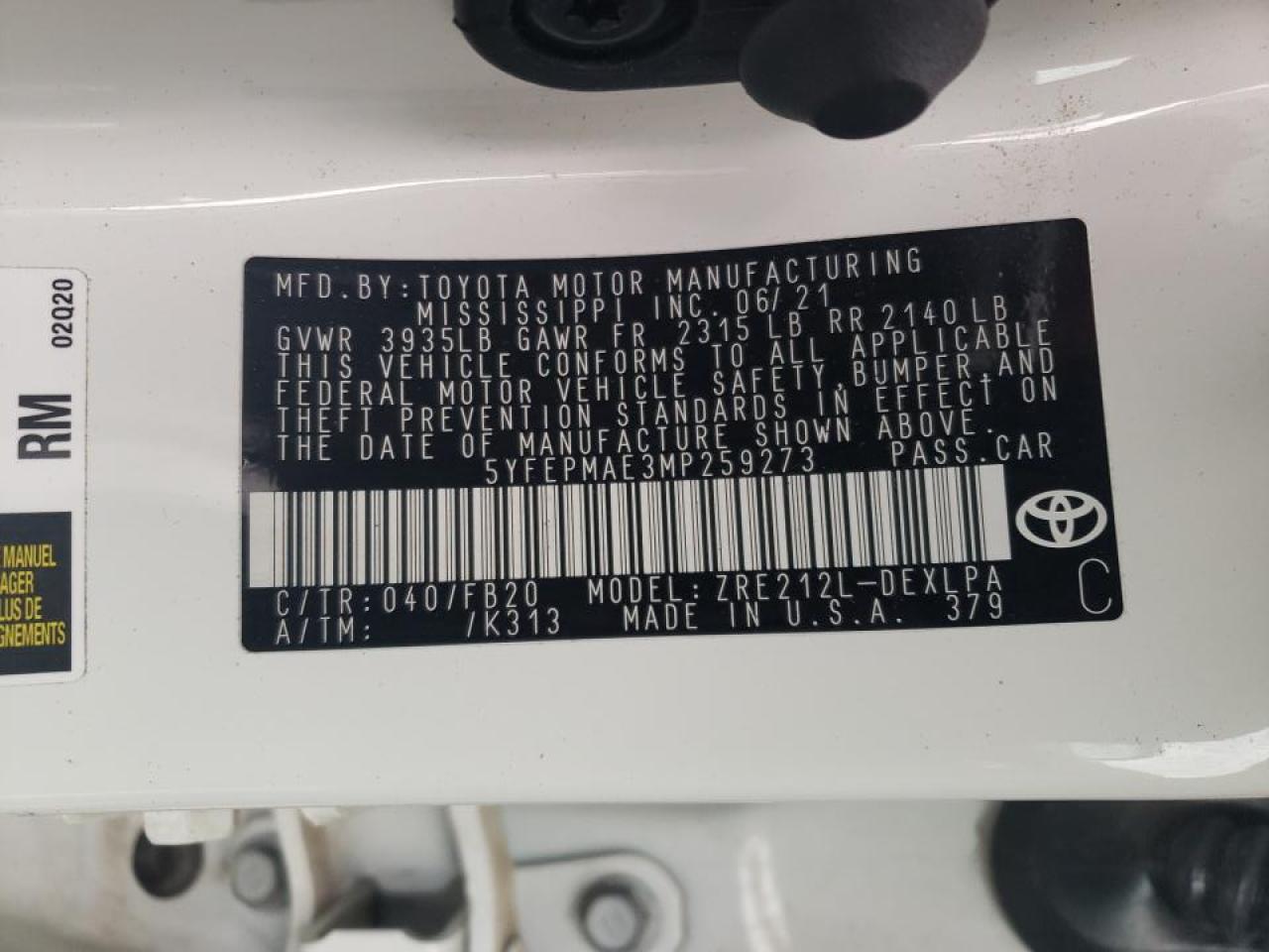 Photo 10 from auction – 2021 TOYOTA COROLLA LE with VIN 5YFEPMAE3MP259273