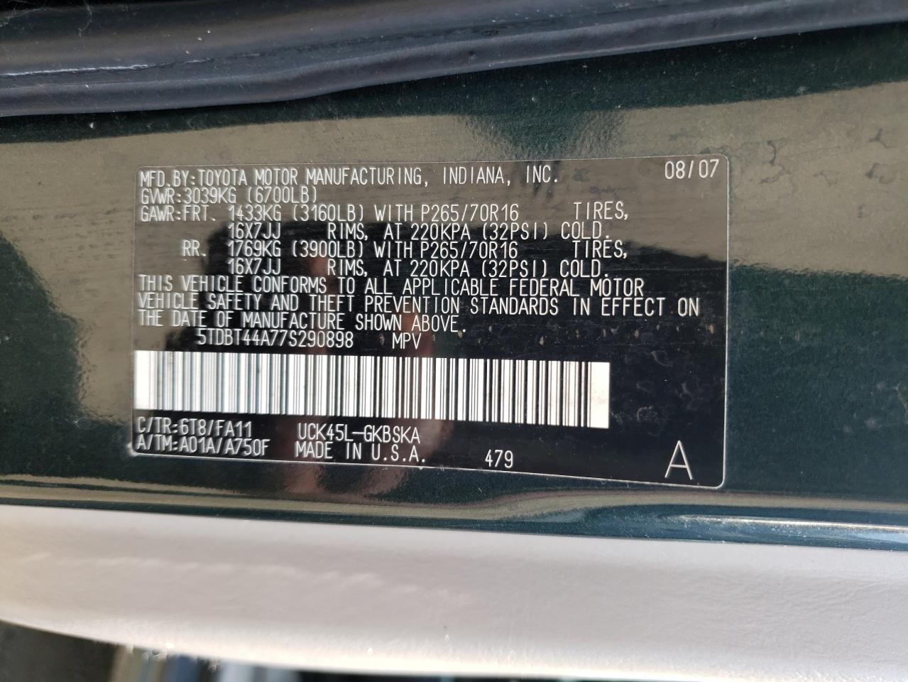 Photo 10 from auction – 2007 TOYOTA SEQUOIA with VIN 5TDBT44A77S290898
